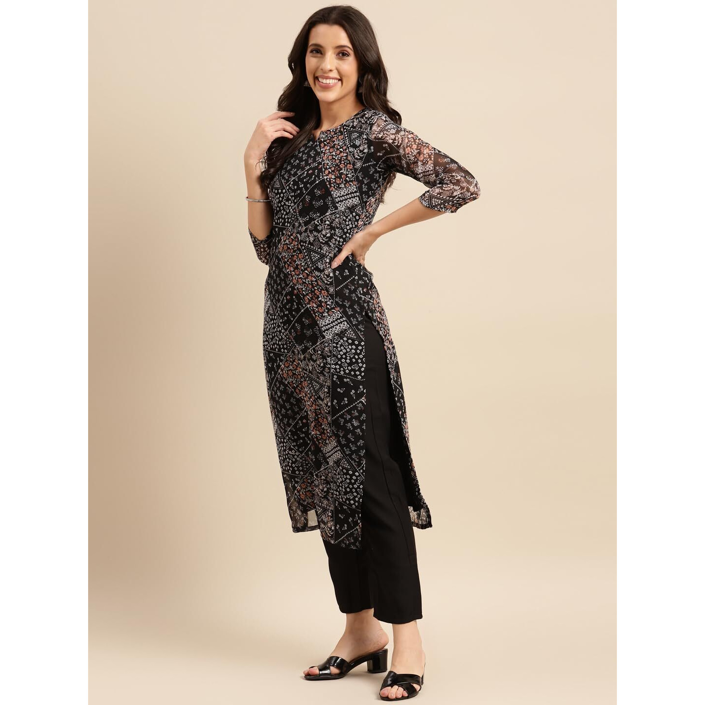 ANNI DESIGNER Women's Georgette Straight Printed Kurta with Pant & Dupatta (Pivis Black-NWG_XL_Black_X-Large)