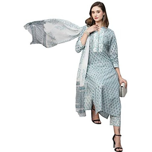 ANNI DESIGNER Women's Cotton Blend Straight Printed Kurta with Pant & Dupatta (Dudu Blue_L_Blue_Large)