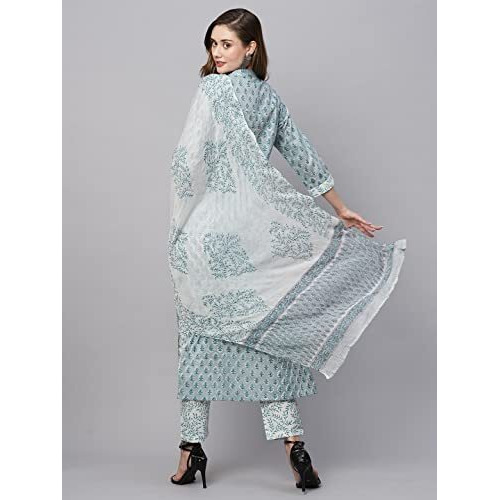 ANNI DESIGNER Women's Cotton Blend Straight Printed Kurta with Pant & Dupatta (Dudu Blue_L_Blue_Large)