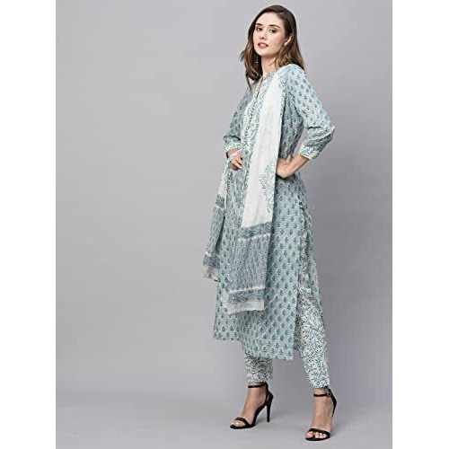 ANNI DESIGNER Women's Cotton Blend Straight Printed Kurta with Pant & Dupatta (Dudu Blue_L_Blue_Large)
