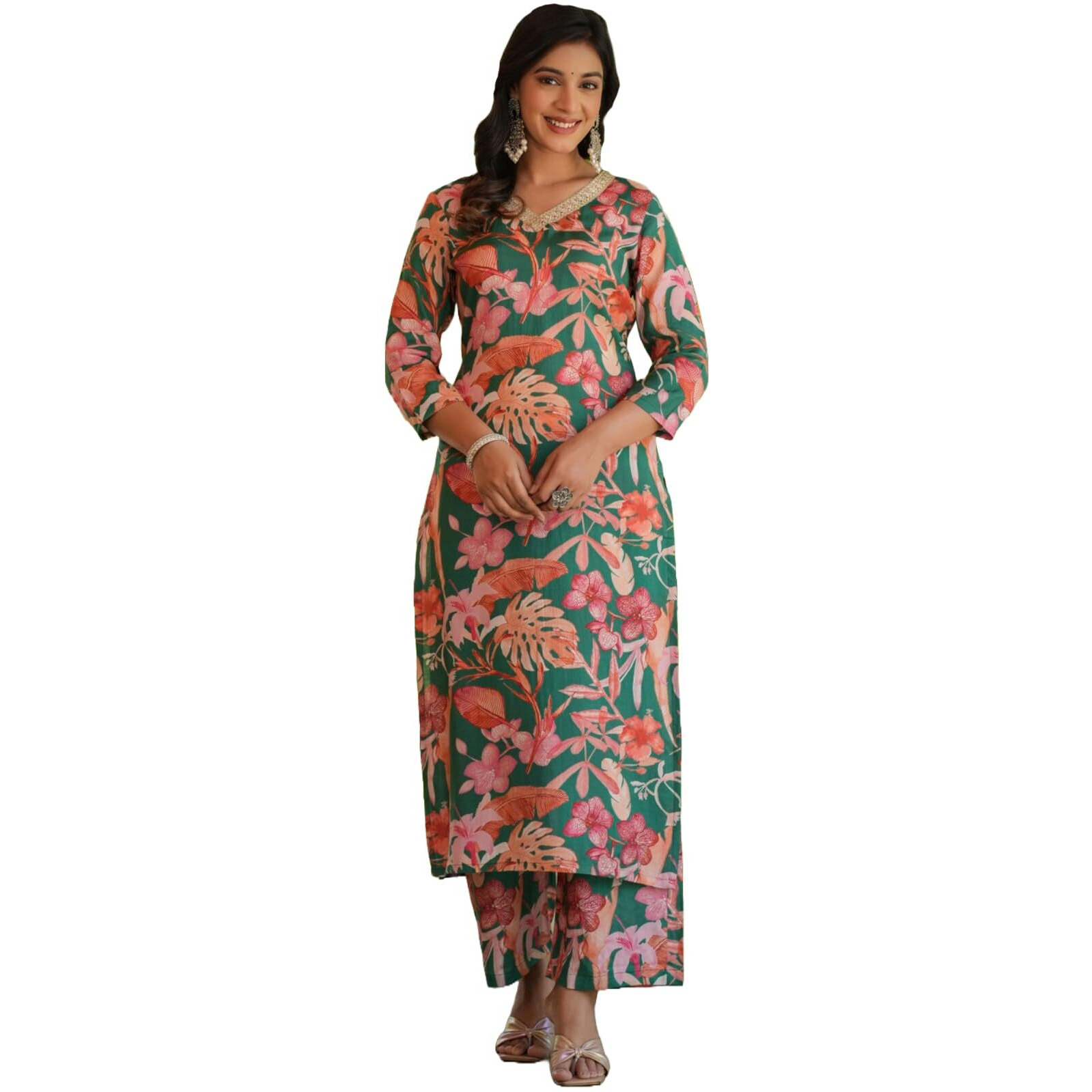 ANNI DESIGNER Women's Cotton Blend Straight Printed Kurta with Pant (Chinki-Green-SH_XXL_Green_XX-Large)
