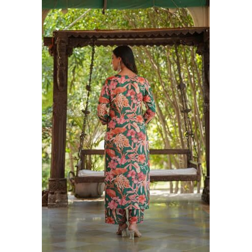 ANNI DESIGNER Women's Cotton Blend Straight Printed Kurta with Pant (Chinki-Green-SH_XXL_Green_XX-Large)