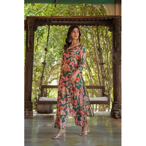 ANNI DESIGNER Women's Cotton Blend Straight Printed Kurta with Pant (Chinki-Green-SH_XXL_Green_XX-Large)