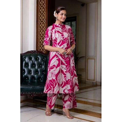 ANNI DESIGNER Women's Rayon Viscose Straight Printed Kurta with Palazzo (Diboli Pink_S_Pink_Small)