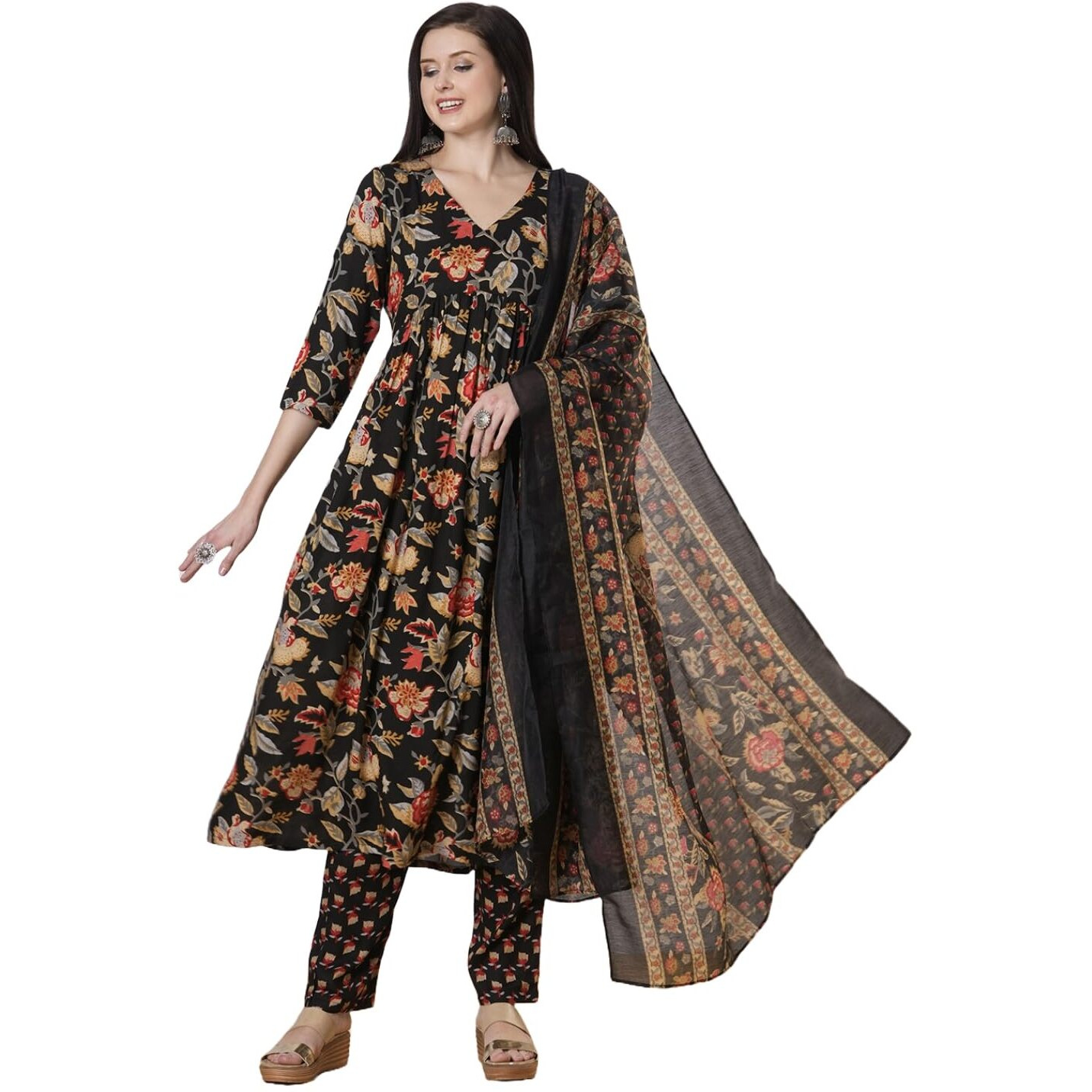 ANNI DESIGNER Women's Rayon Viscose Printed Anarkali Kurta with Pant & Dupatta (Belono Black-VKS01_XL_Black_X-Large)