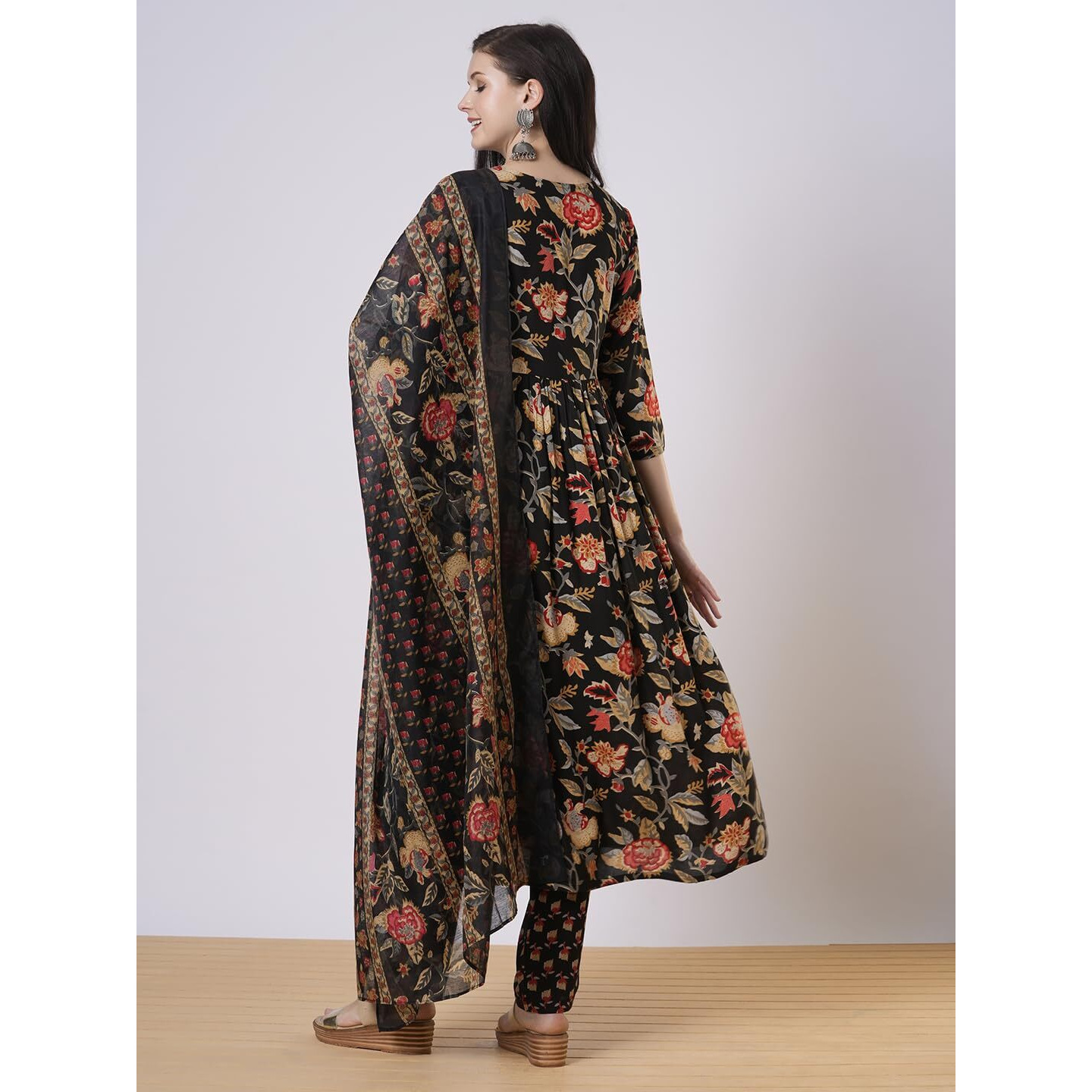 ANNI DESIGNER Women's Rayon Viscose Printed Anarkali Kurta with Pant & Dupatta (Belono Black-VKS01_XL_Black_X-Large)