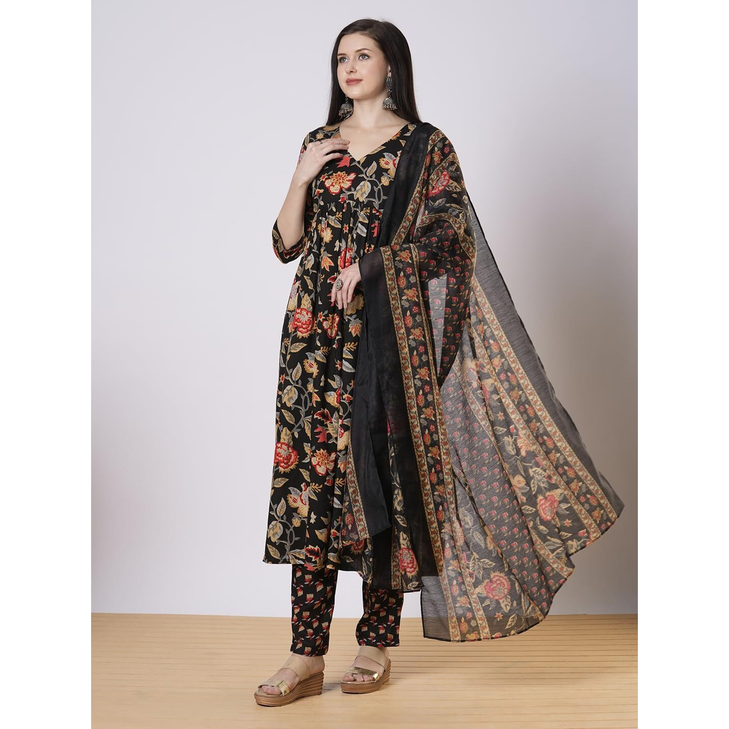 ANNI DESIGNER Women's Rayon Viscose Printed Anarkali Kurta with Pant & Dupatta (Belono Black-VKS01_XL_Black_X-Large)