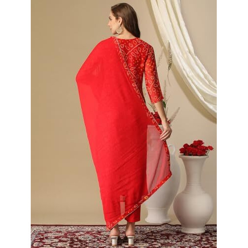 ANNI DESIGNER Women's Cotton Blend Bandhani Printed Straight Kurta with Pant & Dupatta (TURAE-RED-Nw_4XL_Red_XXXX-Large)