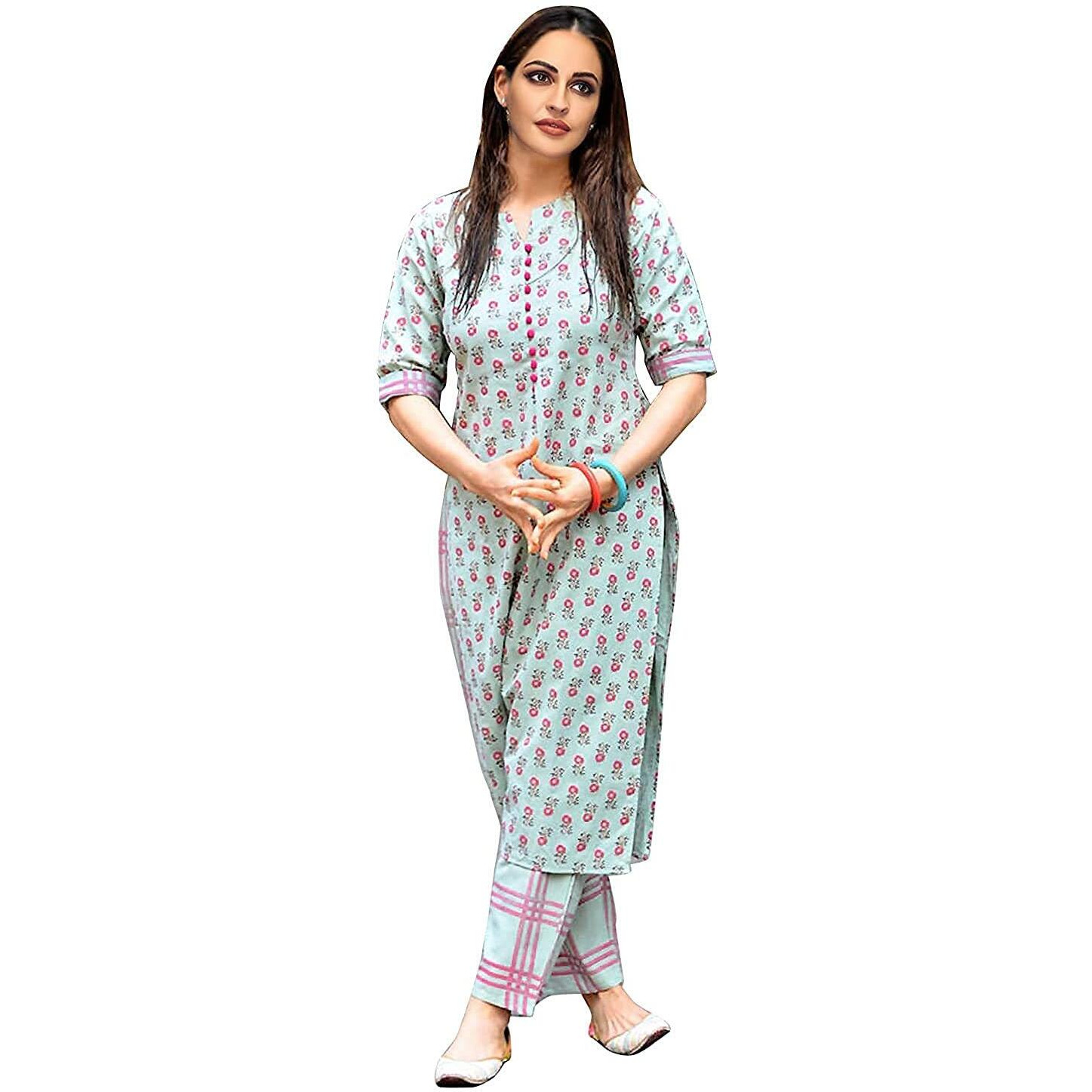 ANNI DESIGNER Women's Cotton Printed Straight Kurta with Palazzos & Dupatta (DEB-Cotton SET9_XL) Multicolour