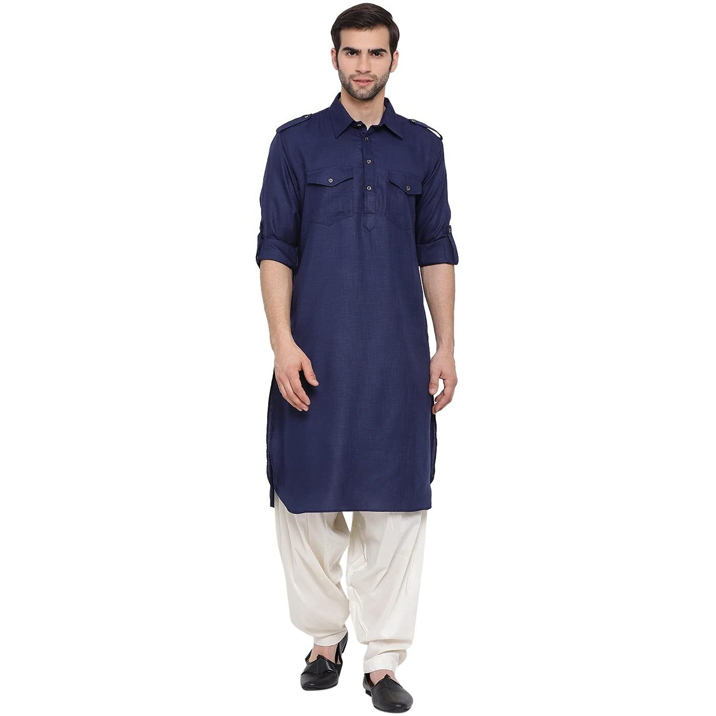 VASTRAMAY Men's Blue Cotton Blend Pathani Kurta & Patiala Set_VASMPT003BUnPTYCR_36