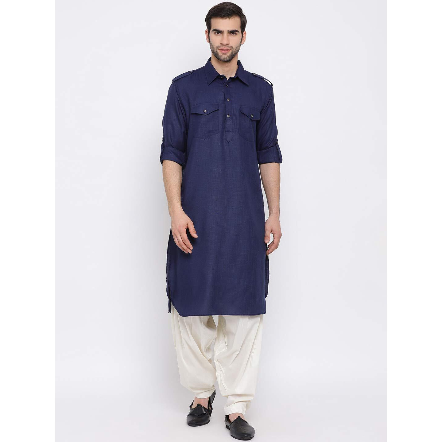 VASTRAMAY Men's Blue Cotton Blend Pathani Kurta & Patiala Set_VASMPT003BUnPTYCR_36