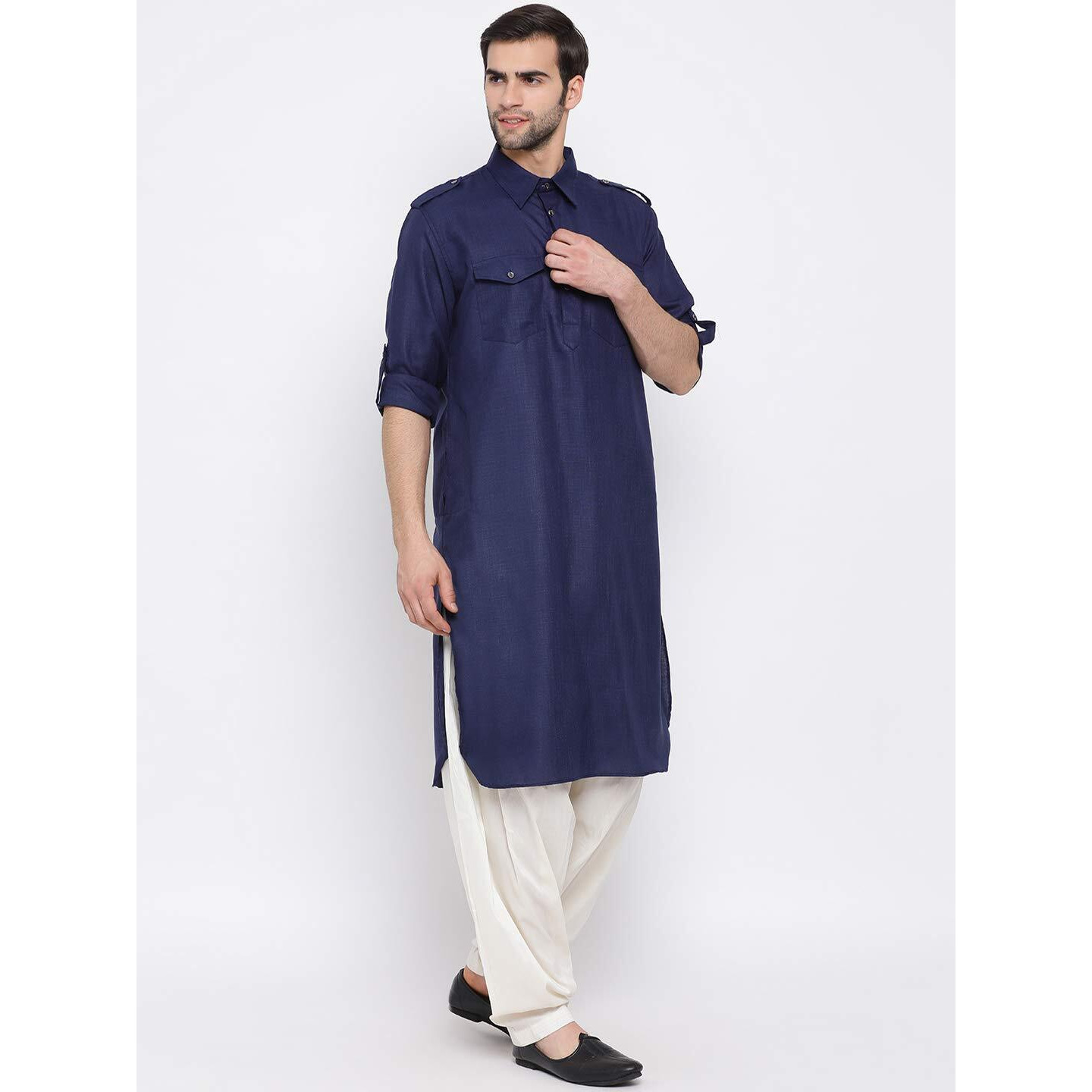 VASTRAMAY Men's Blue Cotton Blend Pathani Kurta & Patiala Set_VASMPT003BUnPTYCR_36
