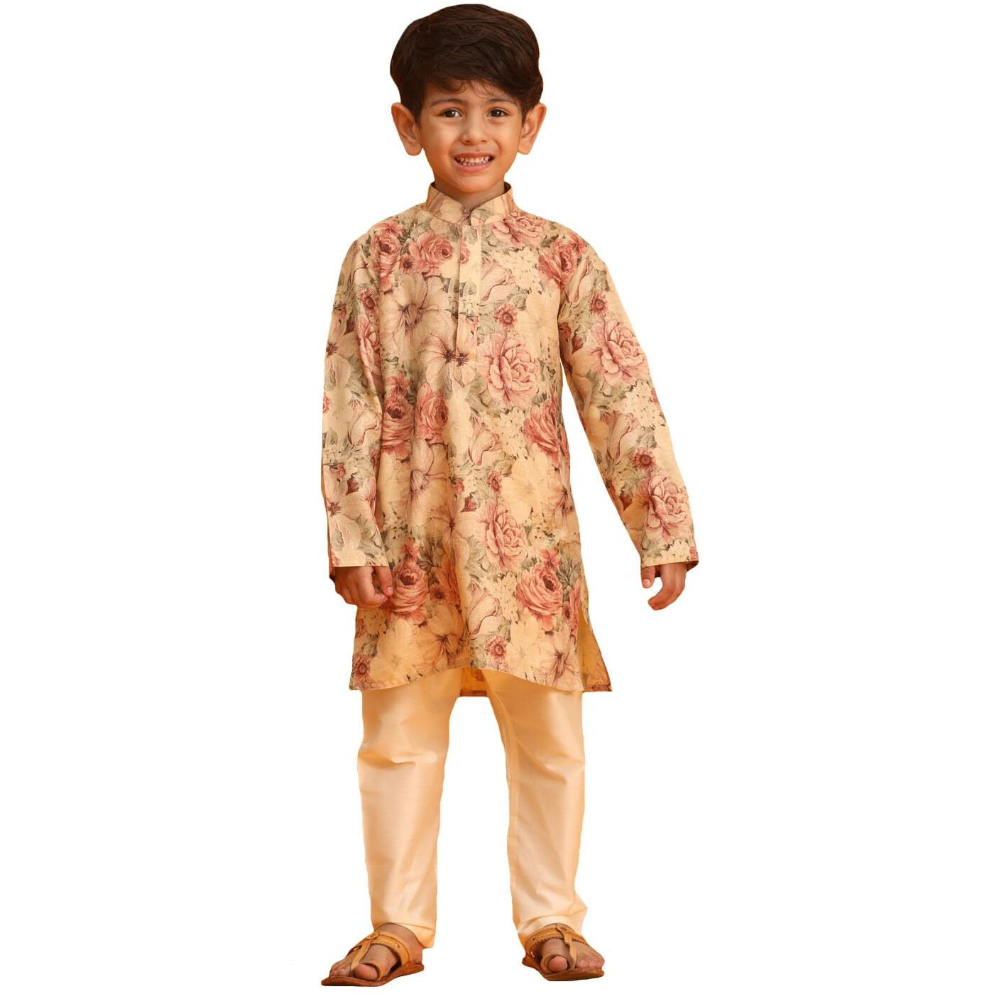 VASTRAMAY Boys' Brown Floral Muslin Kurta with Cream Viscose Pyjama Set