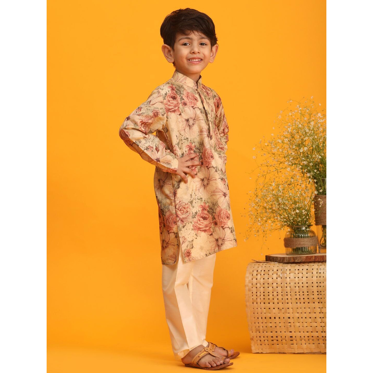 VASTRAMAY Boys' Brown Floral Muslin Kurta with Cream Viscose Pyjama Set