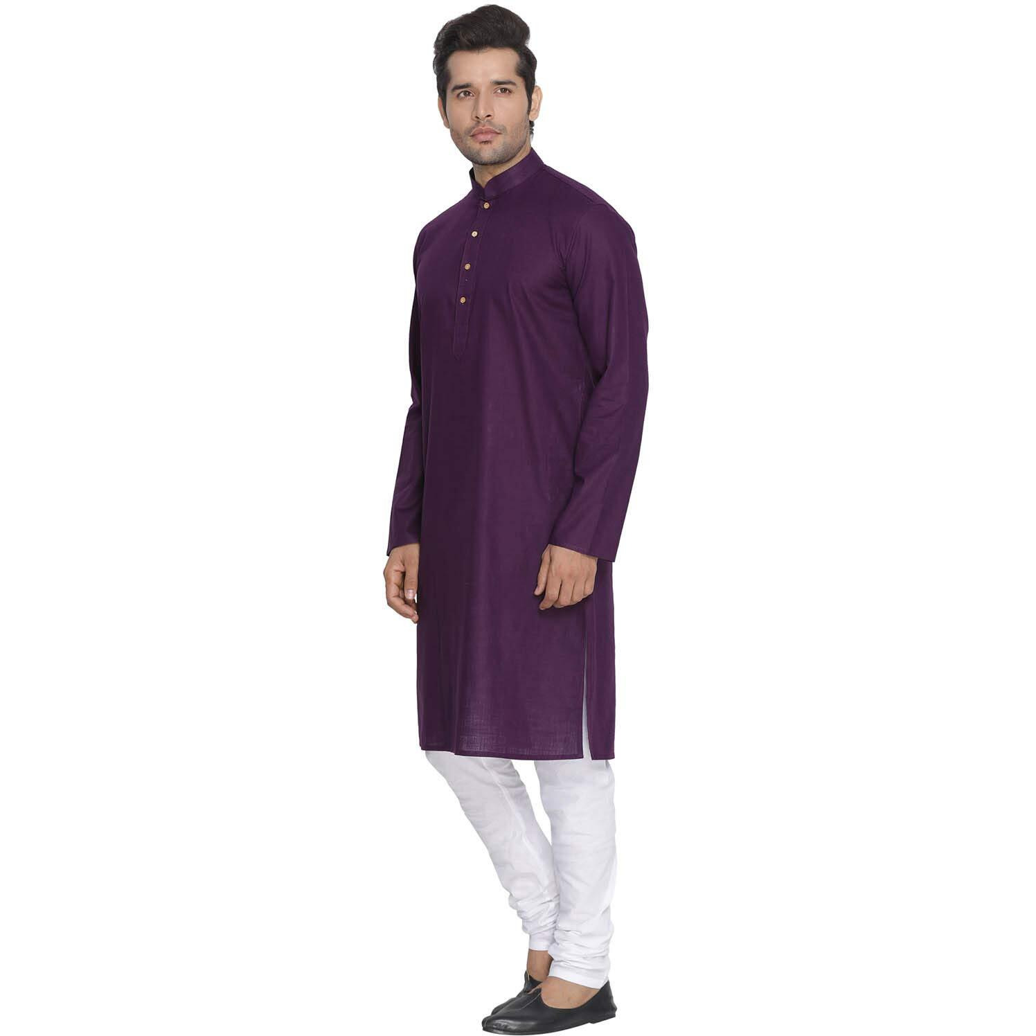 VASTRAMAY Men's Purple Cotton Linen Blend Kurta Pyjama Set  Solid Ethnic Wear with Mandarin Collar & Churidar, Comfortable for Weddings, Festivals & Special Occasions