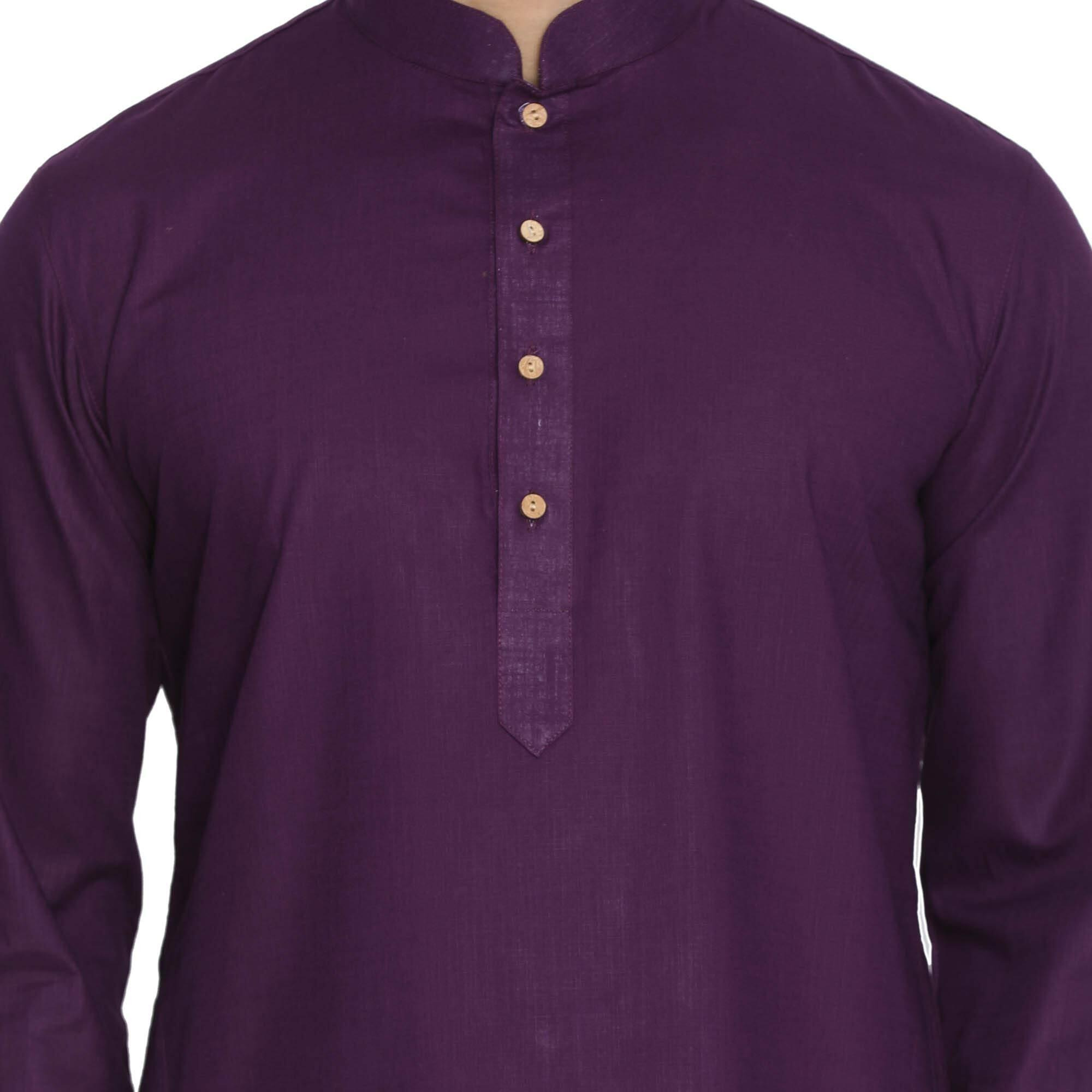 VASTRAMAY Men's Purple Cotton Linen Blend Kurta Pyjama Set  Solid Ethnic Wear with Mandarin Collar & Churidar, Comfortable for Weddings, Festivals & Special Occasions