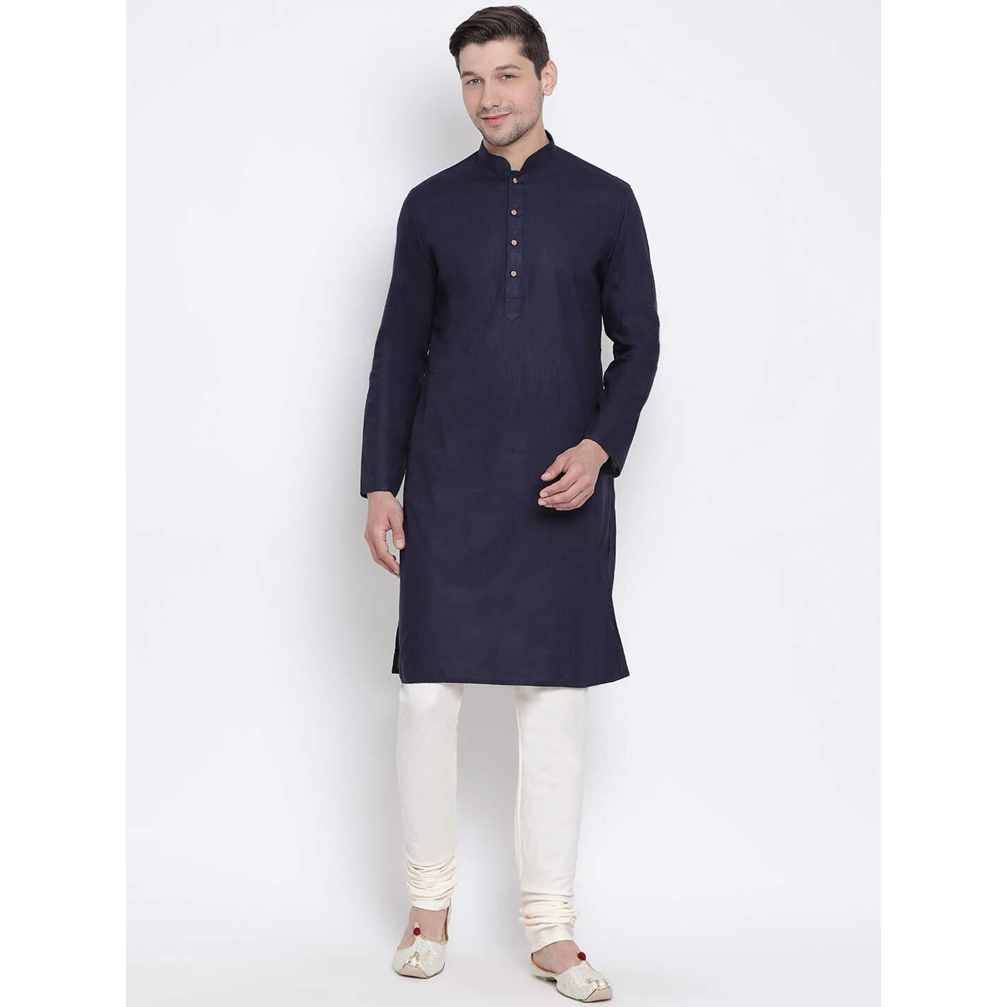 VASTRAMAY Men's Dark Blue Cotton Linen Blend Kurta Pyjama Set_VASMK007NBnPLBCR_46