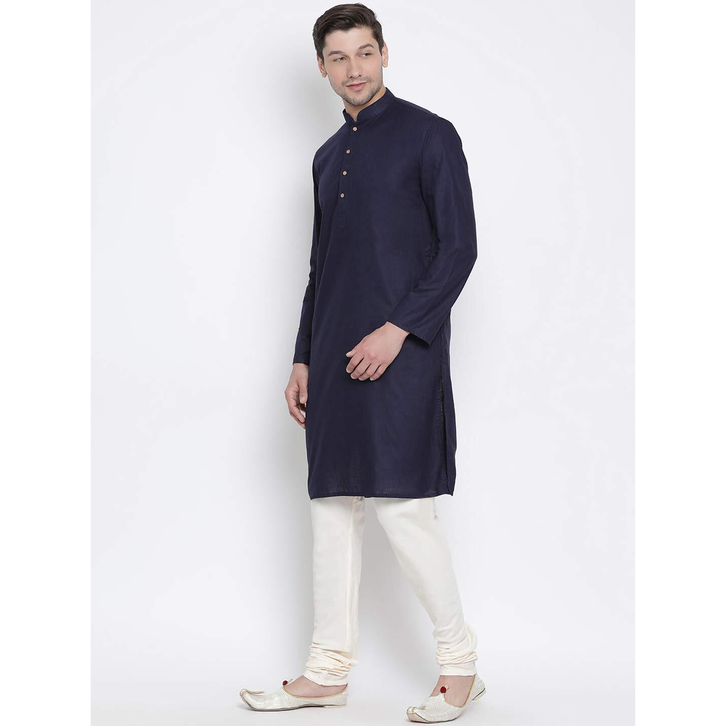 VASTRAMAY Men's Dark Blue Cotton Linen Blend Kurta Pyjama Set_VASMK007NBnPLBCR_46