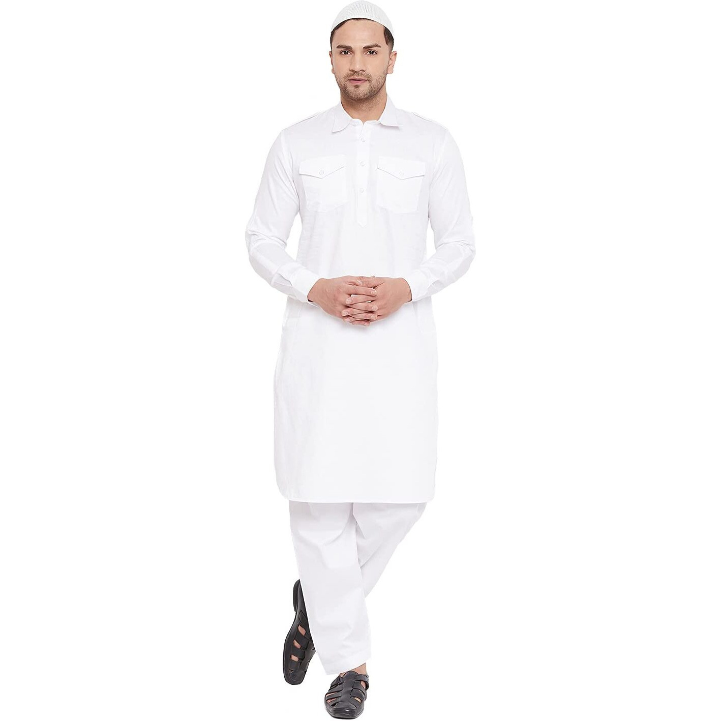 VASTRAMAY Men's White Cotton Blend Pathani Kurta Set (VASMPTWH009nC_40)