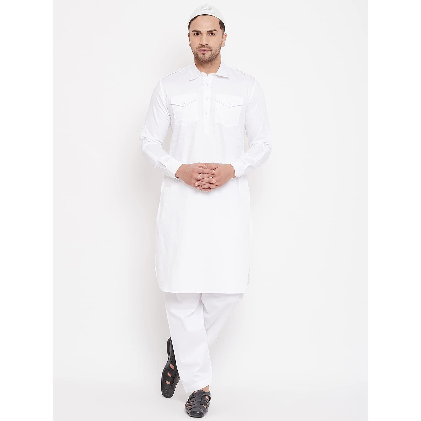 VASTRAMAY Men's White Cotton Blend Pathani Kurta Set (VASMPTWH009nC_40)
