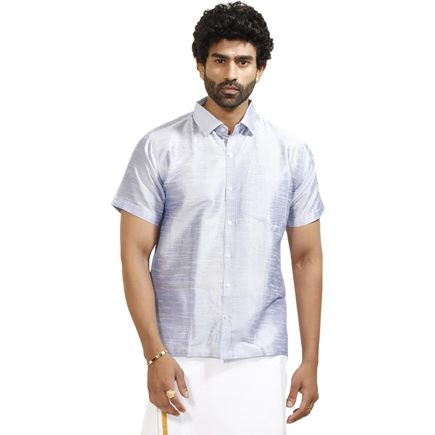 VASTRAMAY Mens Cotton Silk Ethnic Shirt (Light Blue_VASMSHHA001_46)