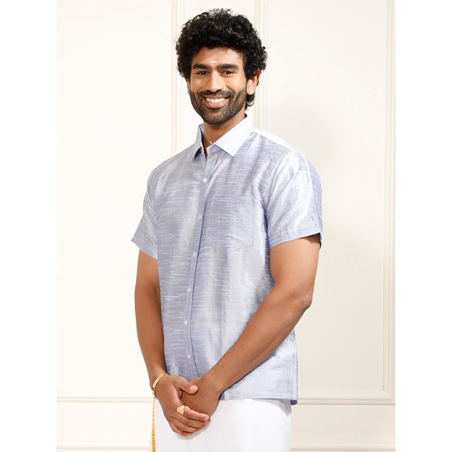 VASTRAMAY Mens Cotton Silk Ethnic Shirt (Light Blue_VASMSHHA001_46)