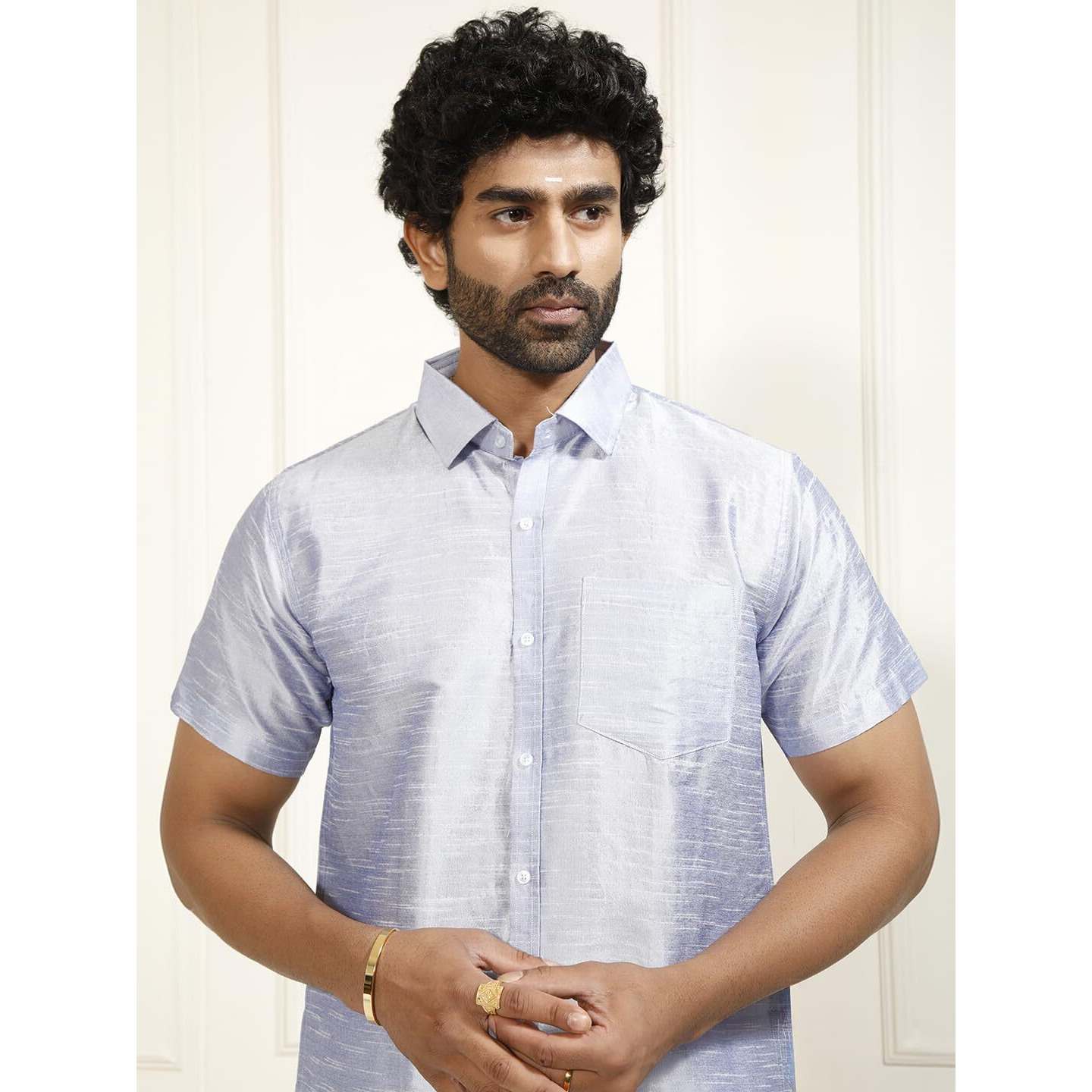 VASTRAMAY Mens Cotton Silk Ethnic Shirt (Light Blue_VASMSHHA001_46)