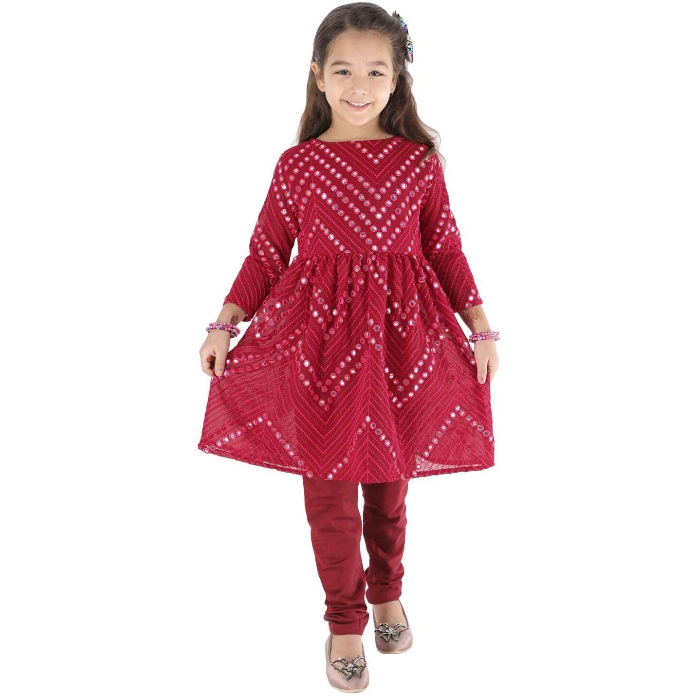VASTRAMAY Girls' Mirror Work Georgette Kurta And Churidar Set (VASGK133nVCMA_30 Age 7-8 Year)
