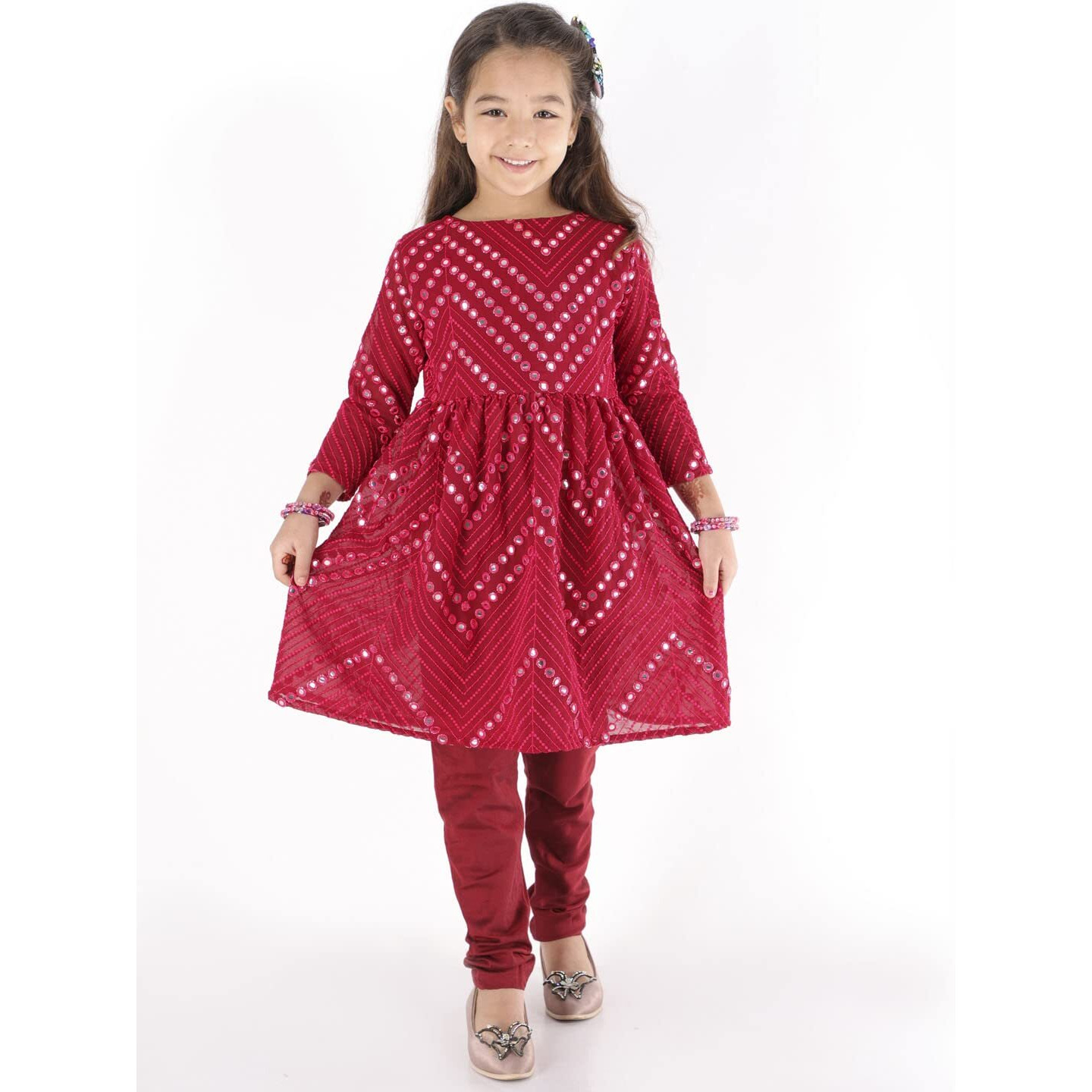 VASTRAMAY Girls' Mirror Work Georgette Kurta And Churidar Set (VASGK133nVCMA_30 Age 7-8 Year)