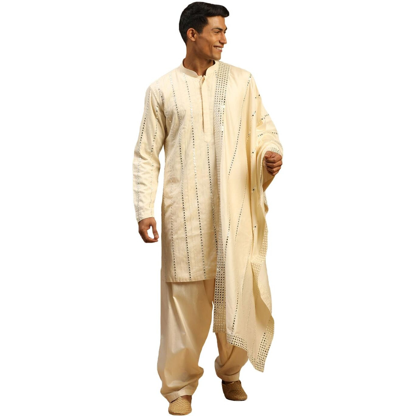 VASTRAMAY Men's Cream Viscose Kurta and Patiala Set | Mirror work Embellished Viscose Kurta With Fluid Fabric Patiala And Embellished Dupatta