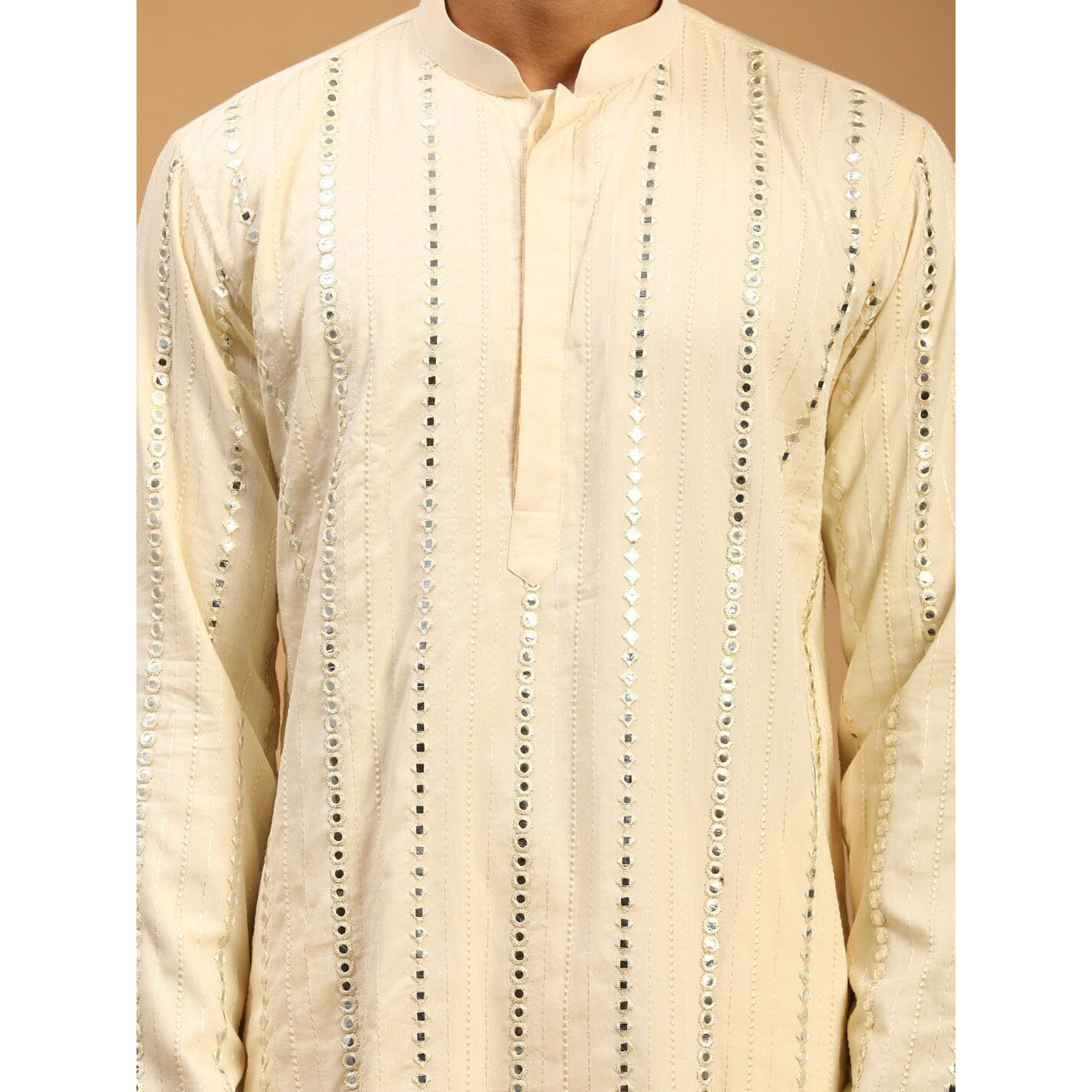 VASTRAMAY Men's Cream Viscose Kurta and Patiala Set | Mirror work Embellished Viscose Kurta With Fluid Fabric Patiala And Embellished Dupatta