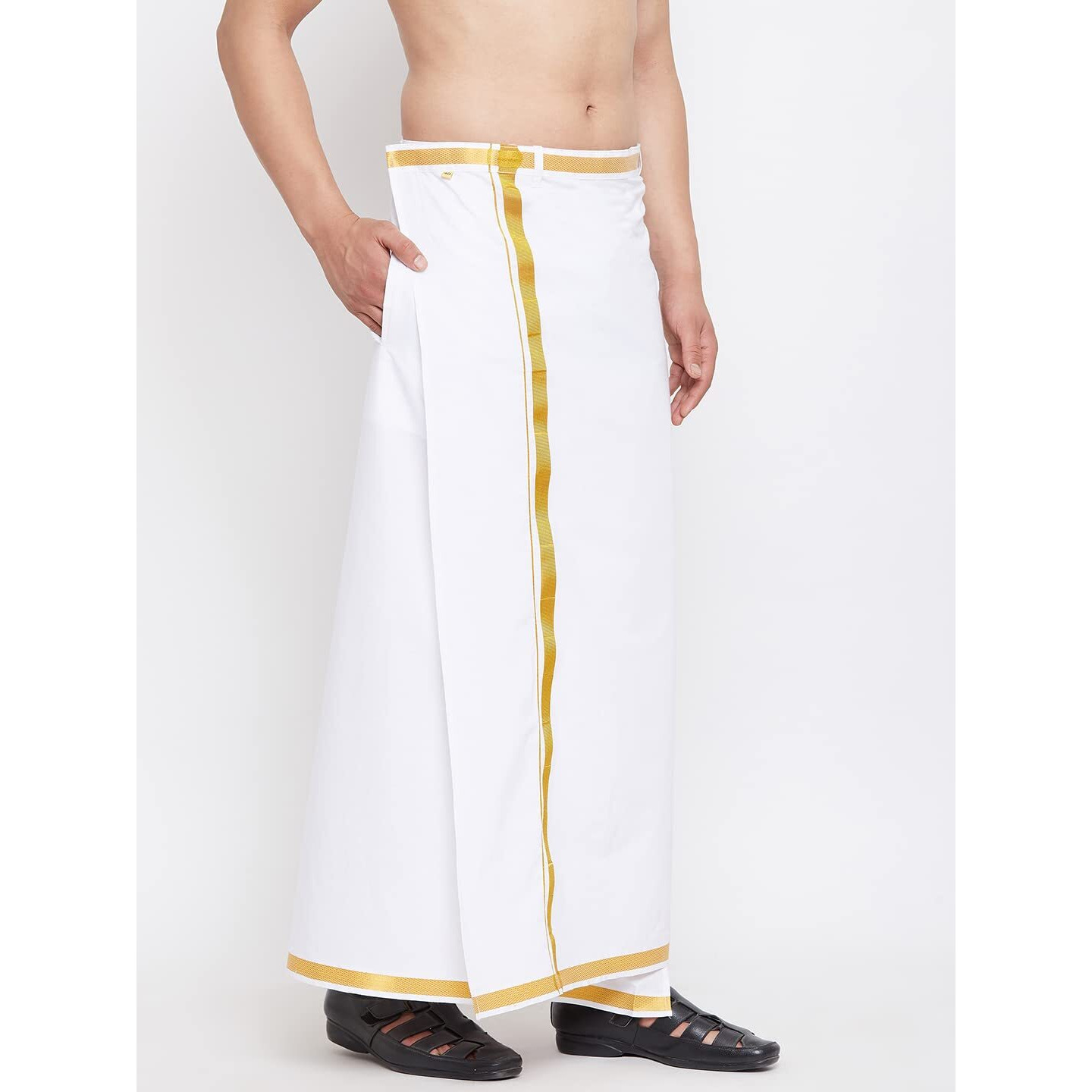 VASTRAMAY Men's South Indian Style White Dhoti with Gold Border and Pocket - Traditional Cotton Mundu/Vesti for Festive, Wedding, and Casual Wear