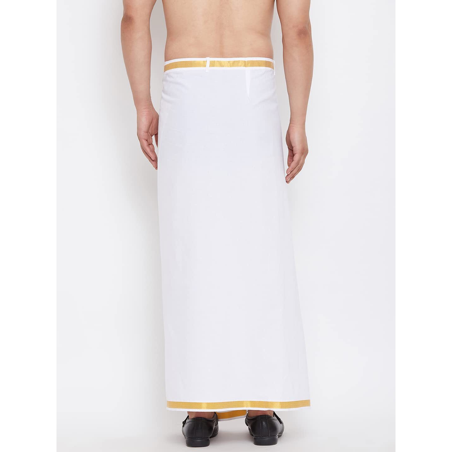 VASTRAMAY Men's South Indian Style White Dhoti with Gold Border and Pocket - Traditional Cotton Mundu/Vesti for Festive, Wedding, and Casual Wear