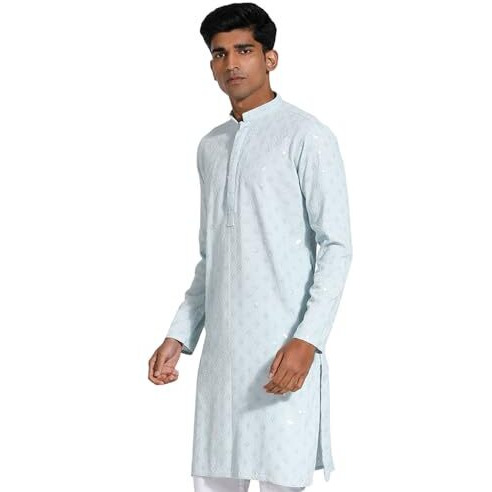 VASTRAMAY Men's Rayon Kurta I Schiffily Embroidered Knee Length Kurta I Traditions Festive Wedding_VASMK430AQ_40 Aqua