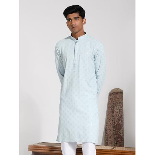 VASTRAMAY Men's Rayon Kurta I Schiffily Embroidered Knee Length Kurta I Traditions Festive Wedding_VASMK430AQ_40 Aqua