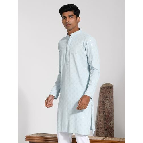 VASTRAMAY Men's Rayon Kurta I Schiffily Embroidered Knee Length Kurta I Traditions Festive Wedding_VASMK430AQ_40 Aqua
