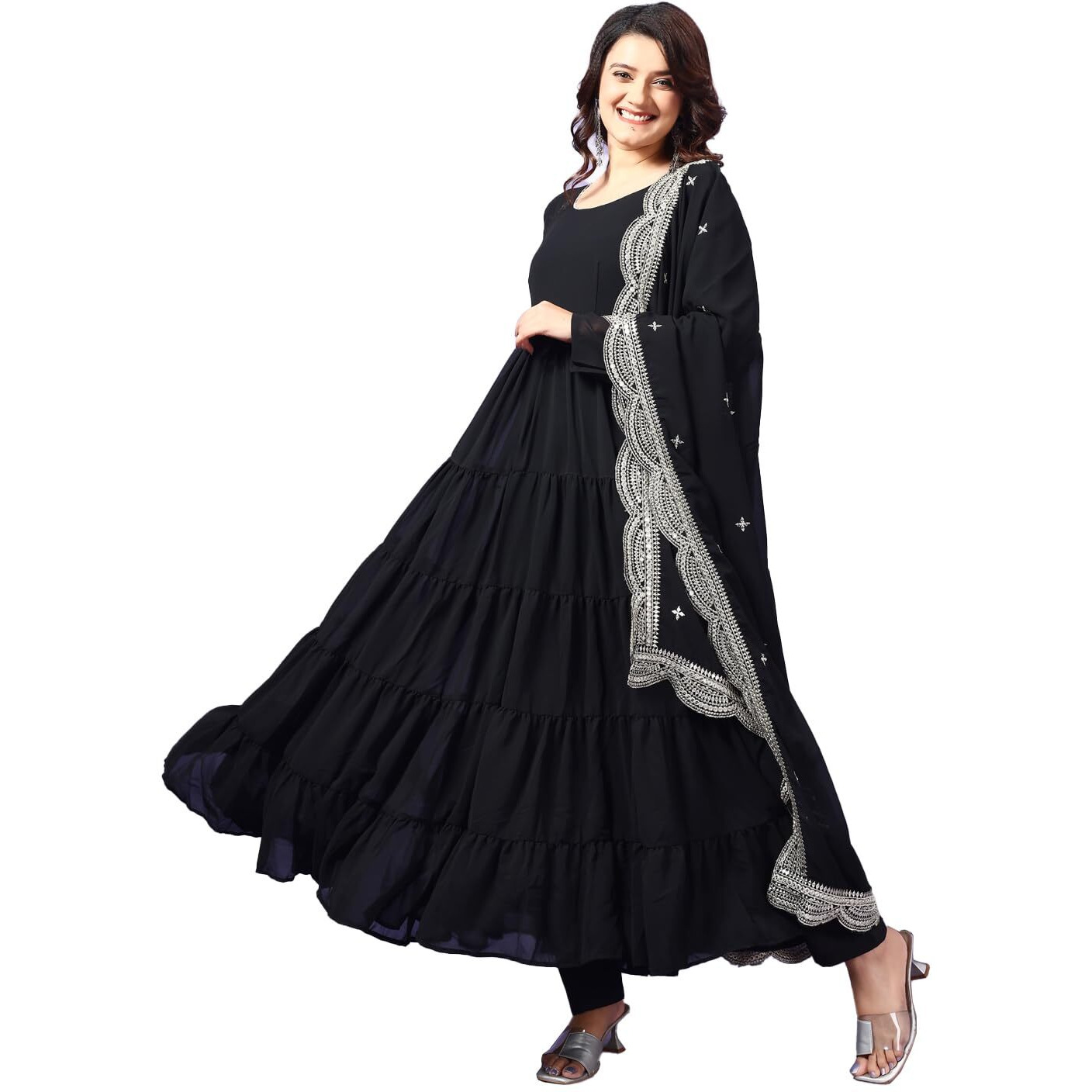 Wedani Georgette Sequins Work Anarkali Kurta Set for Women (in, Alpha, L, Regular, Black)