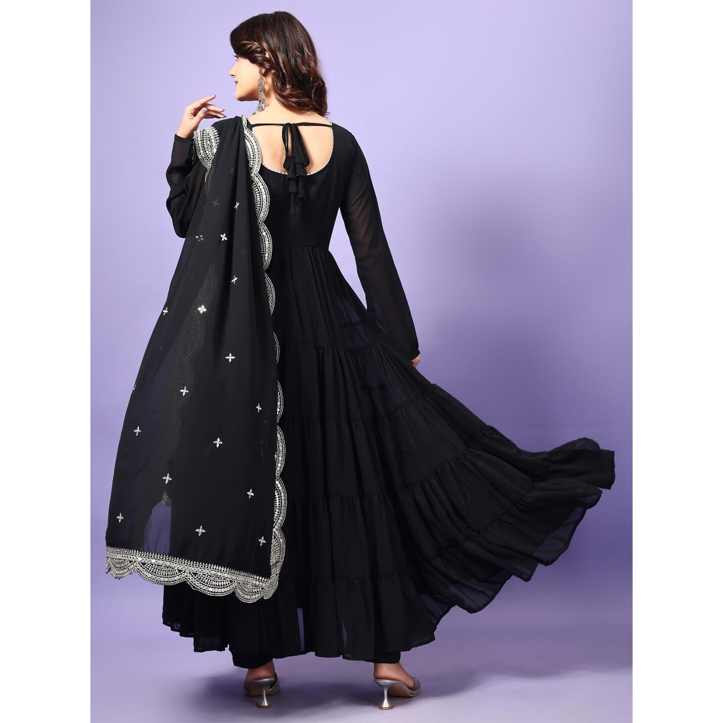 Wedani Georgette Sequins Work Anarkali Kurta Set for Women (in, Alpha, L, Regular, Black)