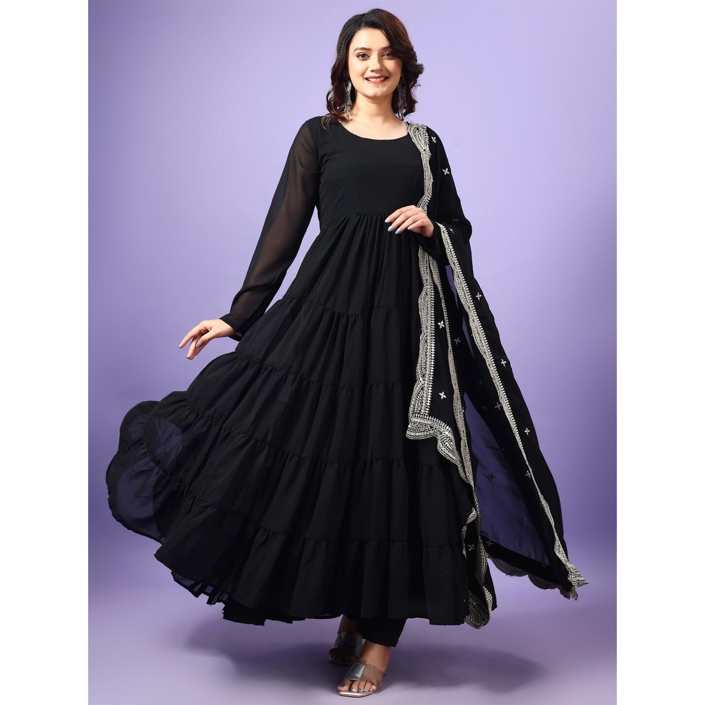 Wedani Georgette Sequins Work Anarkali Kurta Set for Women (in, Alpha, L, Regular, Black)