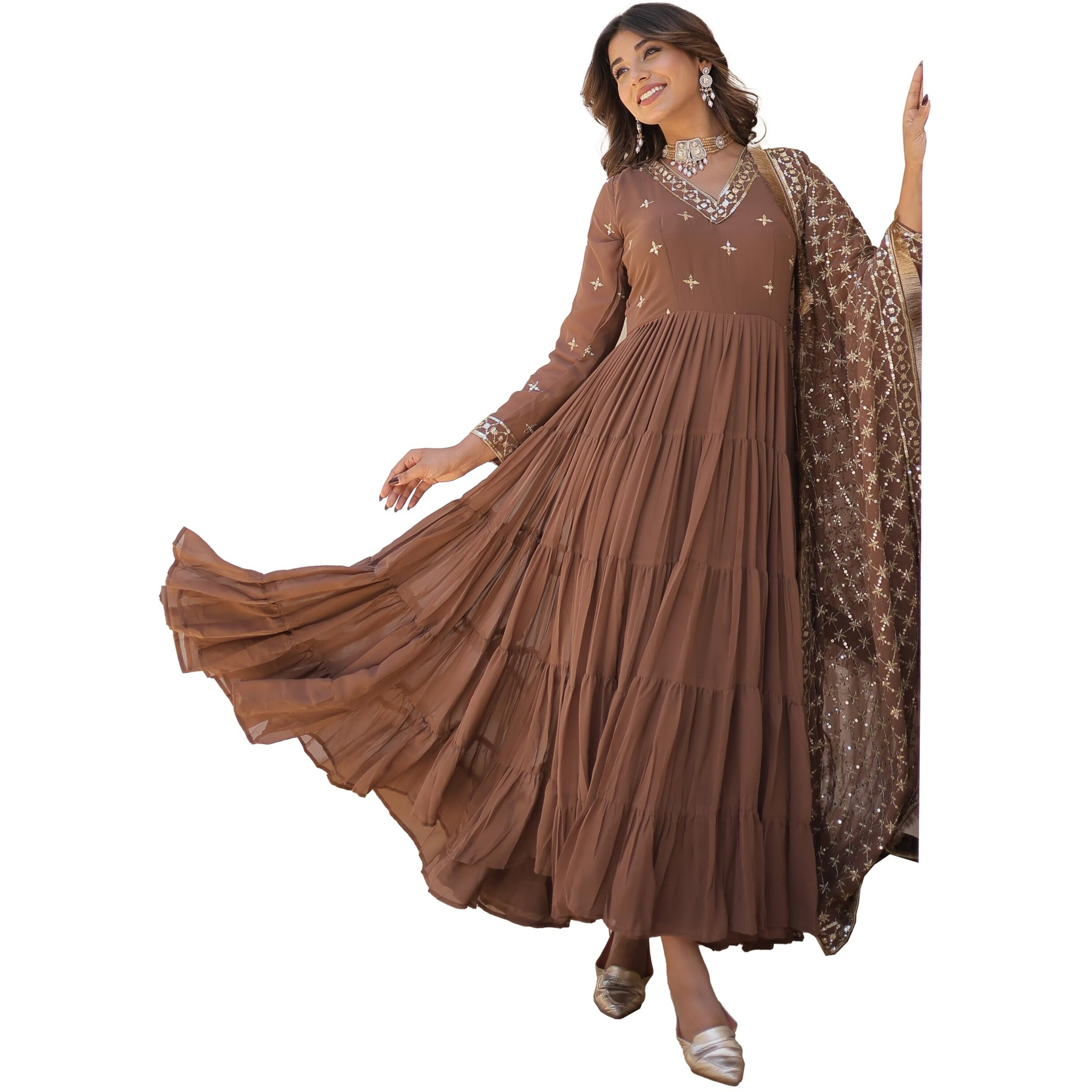 Wedani Georgette Sequins Embroidered Work Anrakali Kurta Set for Women (in, Alpha, XL, Regular, Brown)