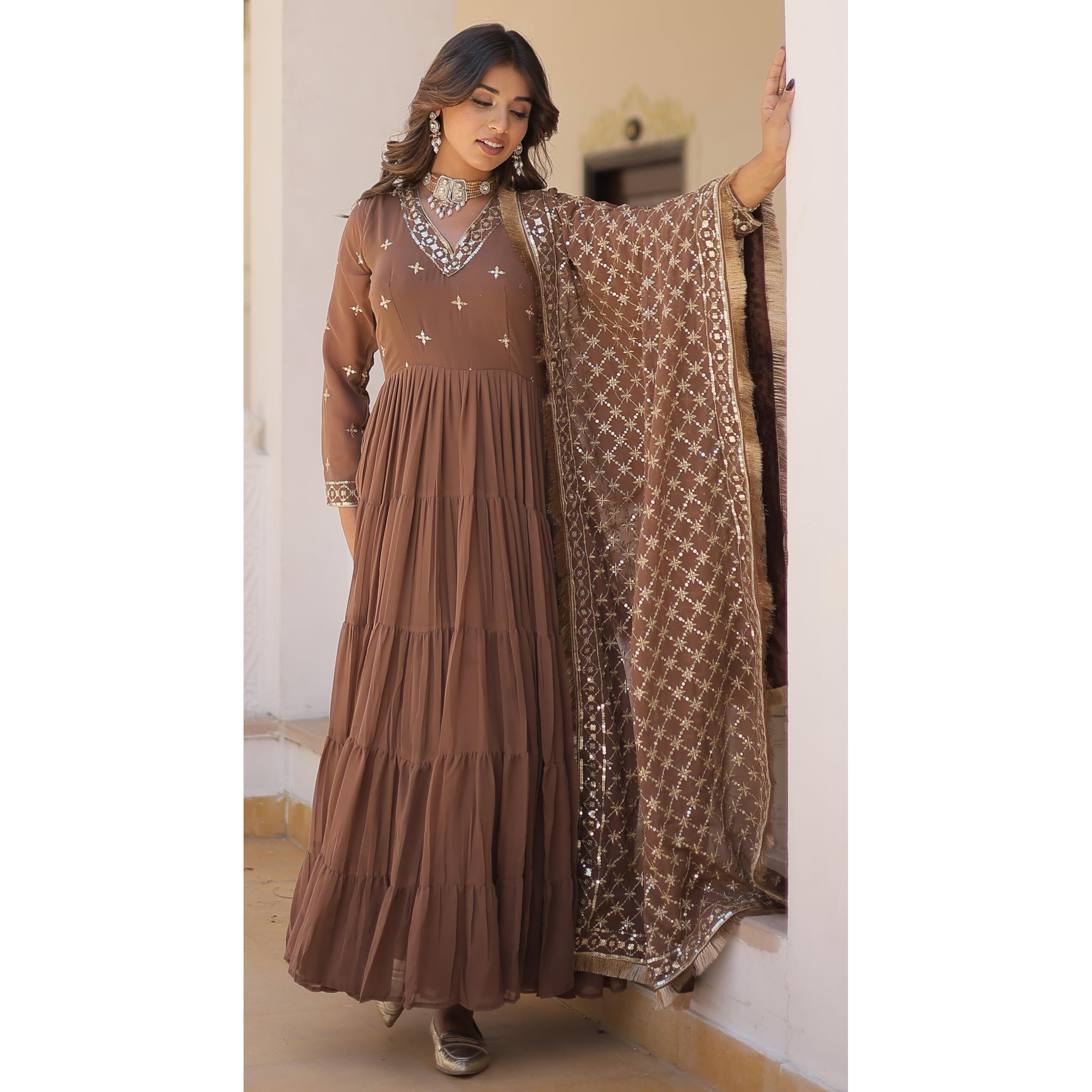 Wedani Georgette Sequins Embroidered Work Anrakali Kurta Set for Women (in, Alpha, XL, Regular, Brown)