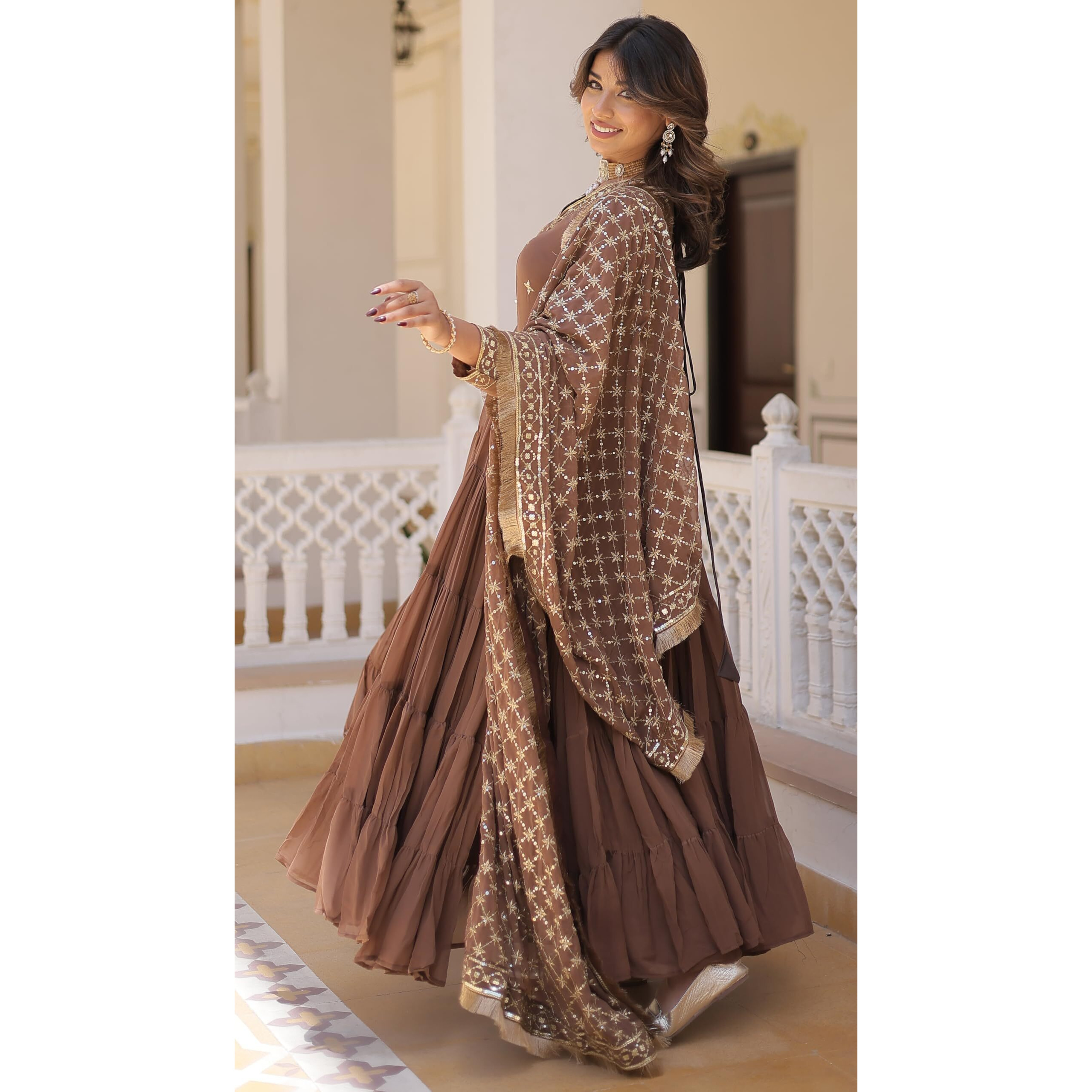 Wedani Georgette Sequins Embroidered Work Anrakali Kurta Set for Women (in, Alpha, XL, Regular, Brown)