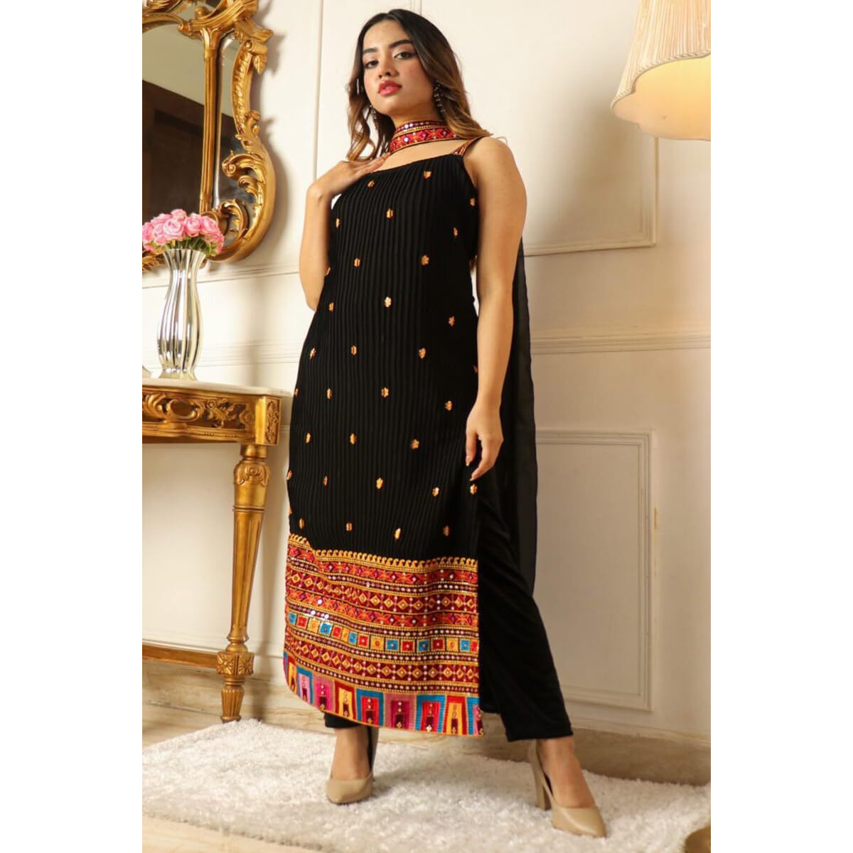 Wedani Women's Georgette Embroidery Straight Kurta with Dupatta Bottom Set (X-Large)