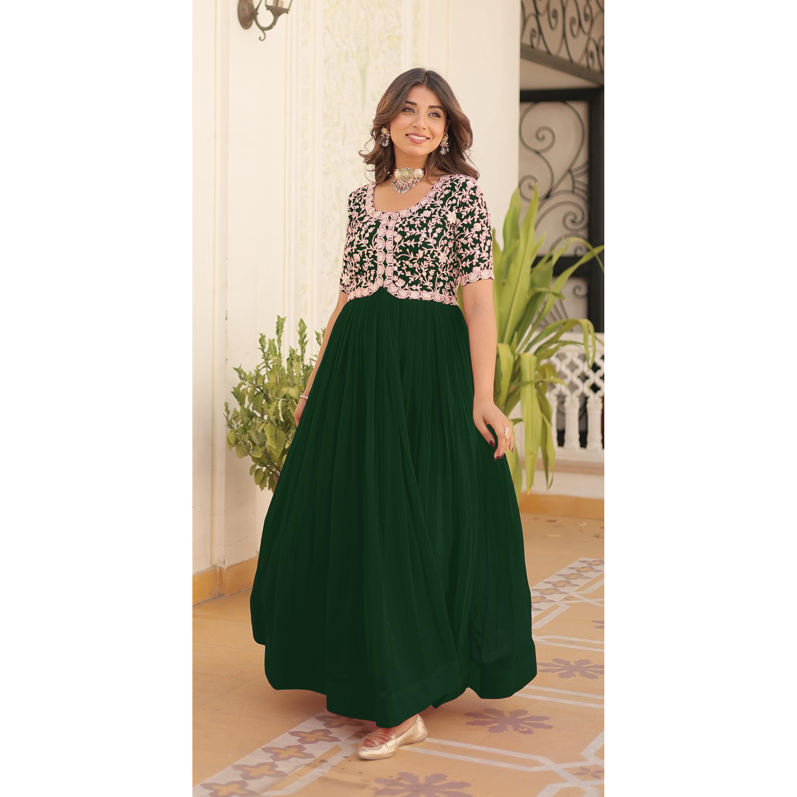 Wedani Georgette Anarkali Gown with Embroidered Top for Women (in, Alpha, S, Regular, Green)