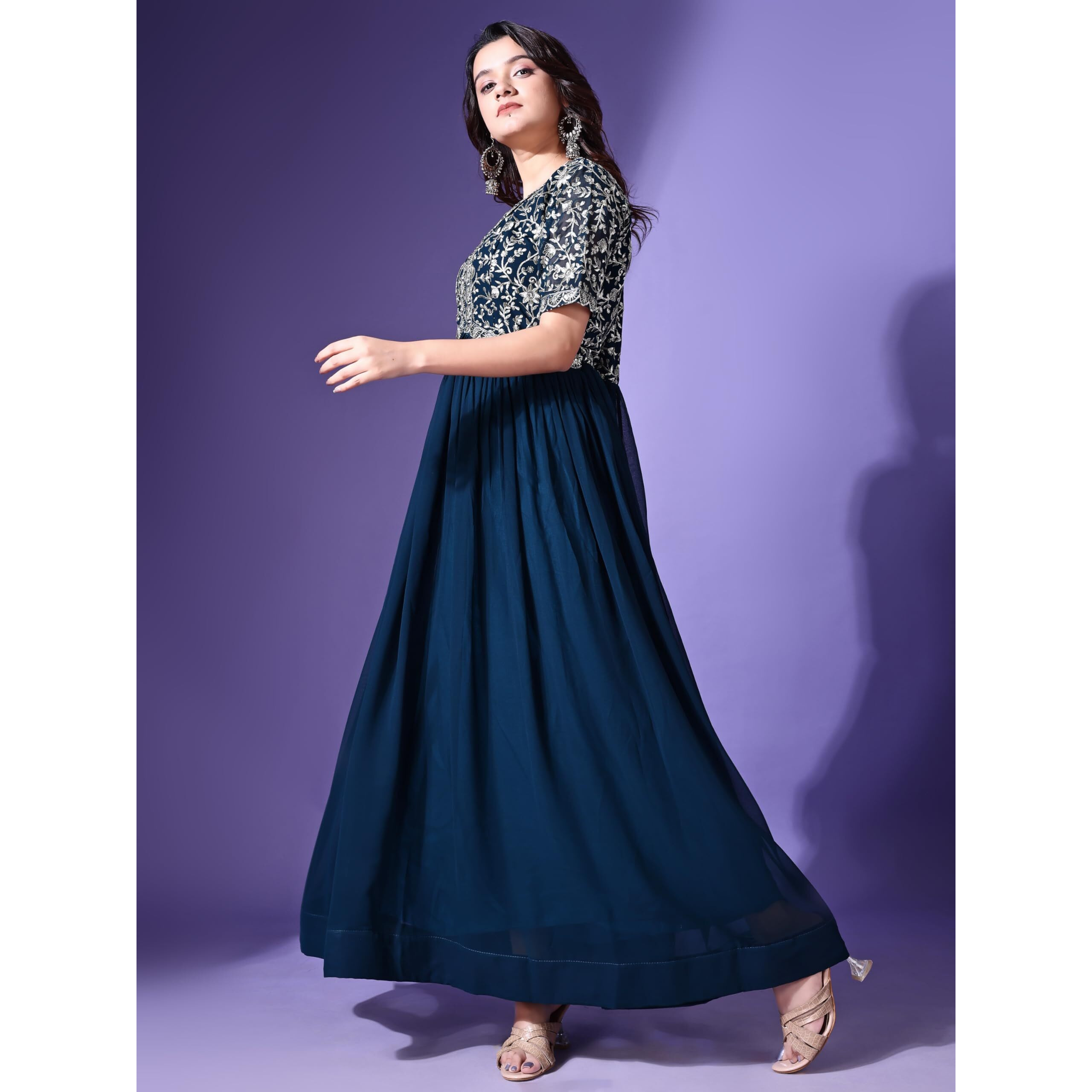 Wedani Georgette Embroidered Long Gown for Women Turquoise