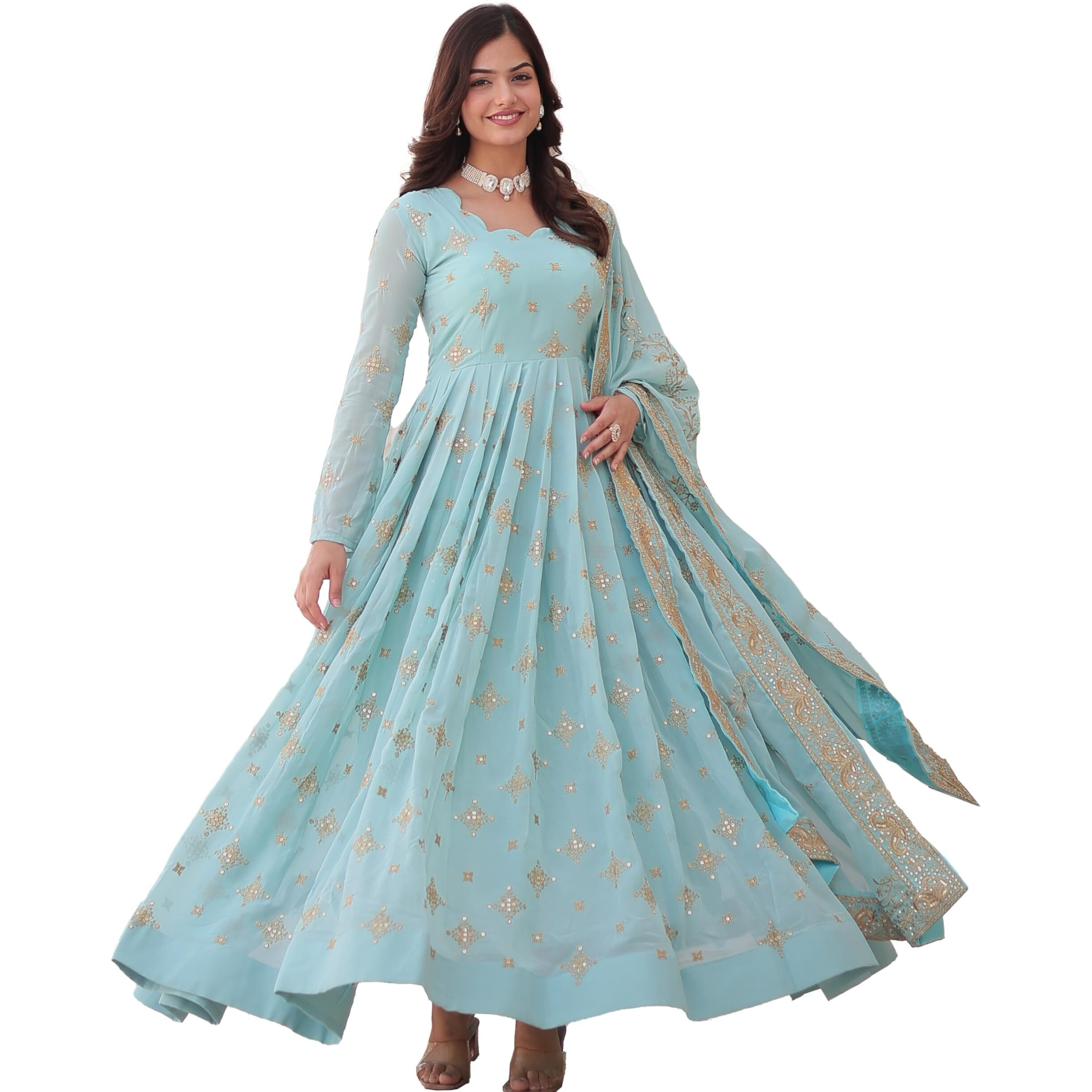 Wedani Georgette Sequins Embroidery Work Anarkali Kurta Set for Women (in, Alpha, 2XL, Regular, Sky Blue)