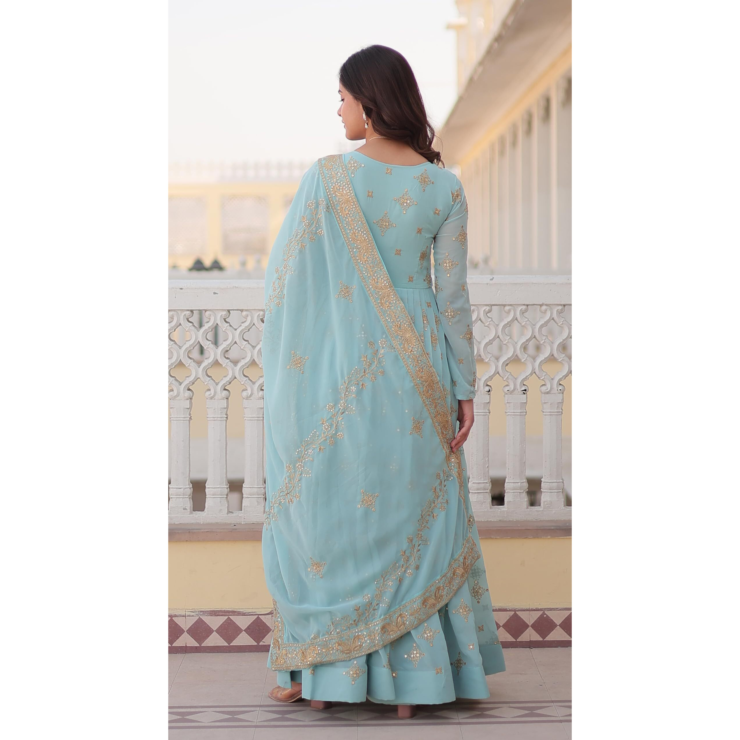 Wedani Georgette Sequins Embroidery Work Anarkali Kurta Set for Women (in, Alpha, 2XL, Regular, Sky Blue)