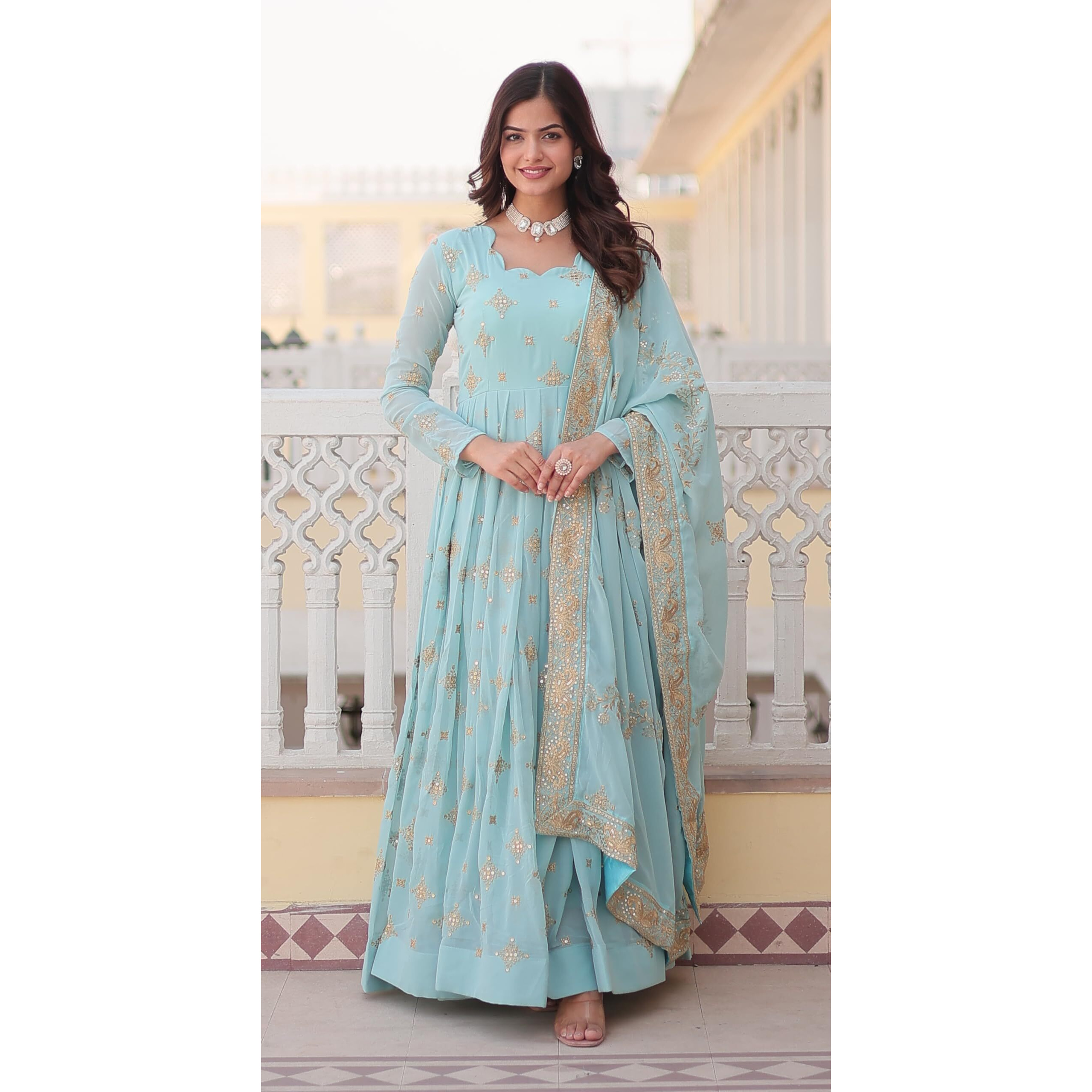 Wedani Georgette Sequins Embroidery Work Anarkali Kurta Set for Women (in, Alpha, 2XL, Regular, Sky Blue)