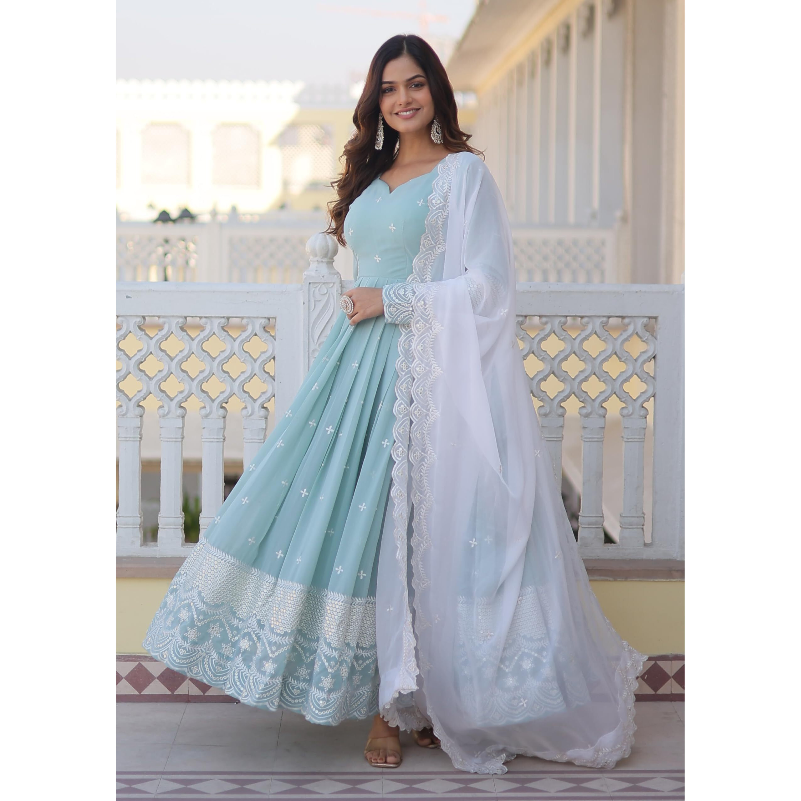 Wedani Faux Georgette Embroidered Anarkali Kurta Set For Women (IN, Alpha, 2XL, Regular, SKY BLUE)
