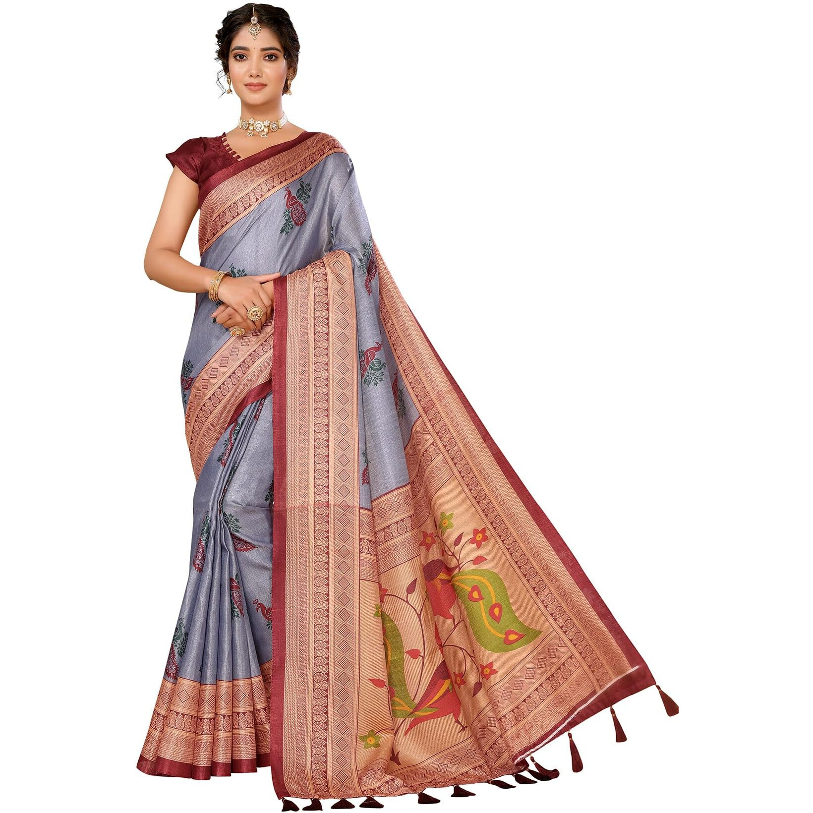Yashika Women's Art Silk Printed with Tassels Unstitched Blouse Material Stylish Party Casual Wear Traditional Trendy Saree (AZ-YS-P1-KRIPA-Parent_Grey)